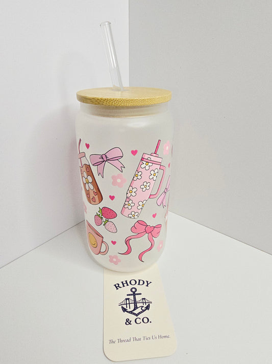 Strawberry Bow Glass Tumbler – 16 oz