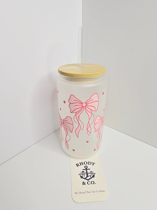 Pink Bow Glass Tumbler – 16 oz