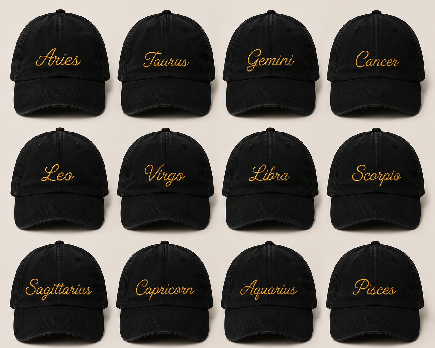 Minimal Cursive Zodiac Name Embroidered Black Hats
