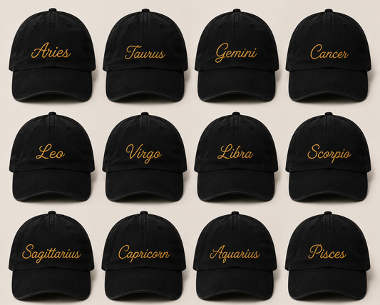 Minimal Cursive Zodiac Name Embroidered Black Hats