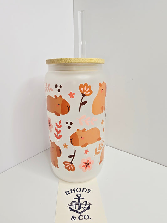 Capybara Glass Tumbler with Bamboo Lid & Straw – 16 oz